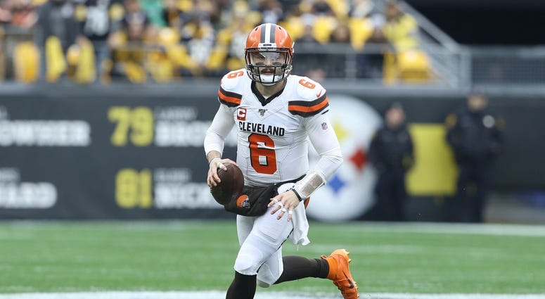 Dec 1, 2019; Pittsburgh, PA, USA; Cleveland Browns quarterback Baker Mayfield (6) scrambles with the ball against the Pittsburgh Steelers during the first quarter at Heinz Field. Mandatory Credit: Charles LeClaire-USA TODAY Sports Dec 1, 2019; Pittsburgh, PA, USA; Cleveland Browns quarterback Baker Mayfield (6) scrambles with the ball against the Pittsburgh Steelers during the first quarter at Heinz Field. Mandatory Credit: Charles LeClaire-USA TODAY Sports