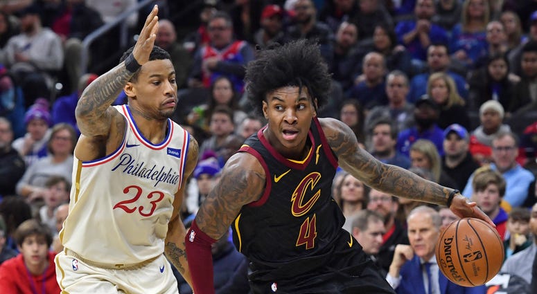Dec 7, 2019; Philadelphia, PA, USA; Cleveland Cavaliers guard Kevin Porter Jr. (4) drives to the basket against Philadelphia 76ers guard Trey Burke (23) during the third quarter at Wells Fargo Center. Cleveland Cavaliers guard Kevin Porter Jr. (4) drives to the basket against Philadelphia 76ers guard Trey Burke (23)