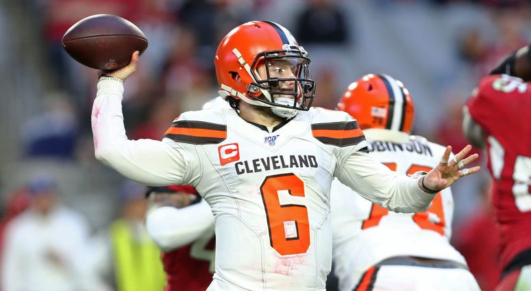 Cleveland Browns quarterback Baker Mayfield (6) against the Arizona Cardinals at State Farm Stadium. Cleveland Browns quarterback Baker Mayfield (6) against the Arizona Cardinals at State Farm Stadium.