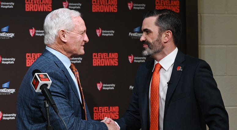 Cleveland Browns owner Jimmy Haslam shakes hands with new Browns head coach Kevin Stefanski during a press conference at FirstEnergy Stadium. Cleveland Browns owner Jimmy Haslam shakes hands with new Browns head coach Kevin Stefanski during a press conference at FirstEnergy Stadium.