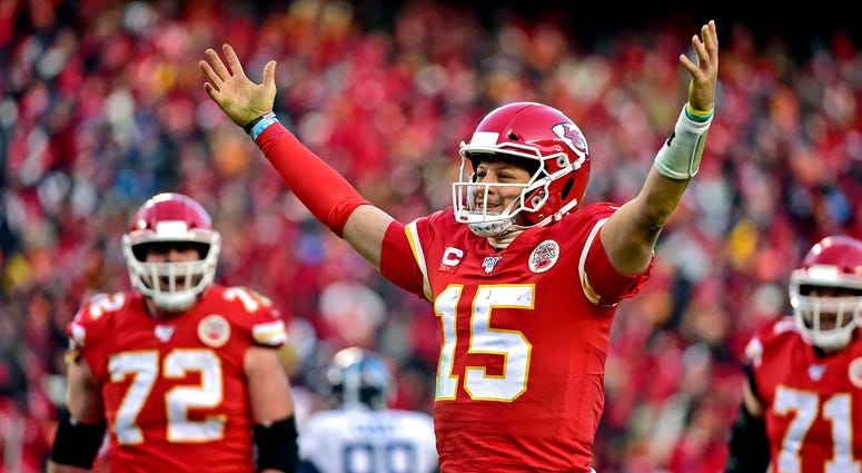 Kansas City Chiefs quarterback Patrick Mahomes (15) reacts after a touchdown pass during the second half in the AFC Championship Game at Arrowhead Stadium. Patrick Mahomes Kansas City Chiefs