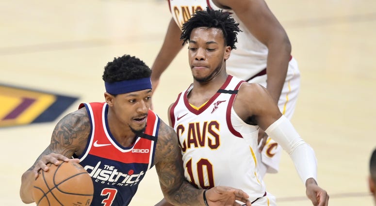 Jan 23, 2020; Cleveland, Ohio, USA; Washington Wizards guard Bradley Beal (3) drives against Cleveland Cavaliers guard Darius Garland (10) in the first quarter at Rocket Mortgage FieldHouse. Mandatory Credit: David Richard-USA TODAY Sports Jan 23, 2020; Cleveland, Ohio, USA; Washington Wizards guard Bradley Beal (3) drives against Cleveland Cavaliers guard Darius Garland (10) in the first quarter at Rocket Mortgage FieldHouse. Mandatory Credit: David Richard-USA TODAY Sports