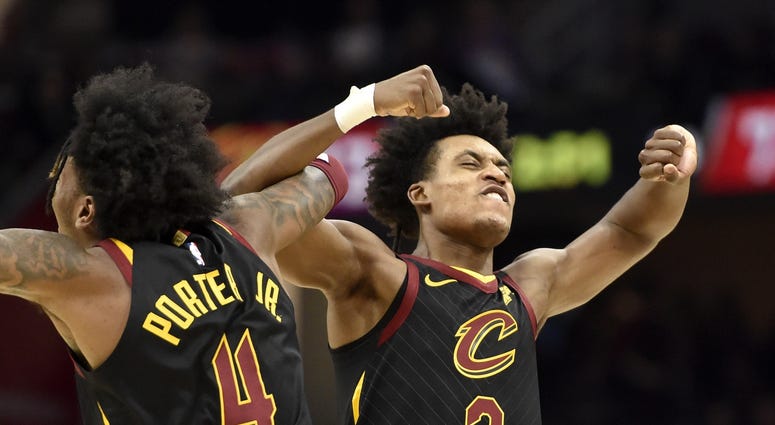 Feb 12, 2020; Cleveland, Ohio, USA; Cleveland Cavaliers guard Kevin Porter Jr. (4) and guard Collin Sexton (2) celebrate in the third quarter against the Atlanta Hawks at Rocket Mortgage FieldHouse. Mandatory Credit: David Richard-USA TODAY Sports Feb 12, 2020; Cleveland, Ohio, USA; Cleveland Cavaliers guard Kevin Porter Jr. (4) and guard Collin Sexton (2) celebrate in the third quarter against the Atlanta Hawks at Rocket Mortgage FieldHouse. Mandatory Credit: David Richard-USA TODAY Sports