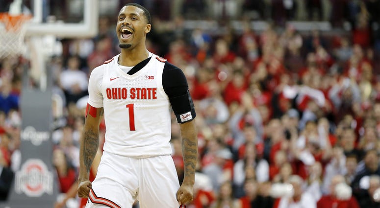 Ohio State Buckeyes guard Luther Muhammad (1) reacts after hitting a three point basket during the first half against the Maryland Terrapins at Value City Arena. Ohio State Buckeyes guard Luther Muhammad (1) reacts after hitting a three point basket during the first half against the Maryland Terrapins at Value City Arena.