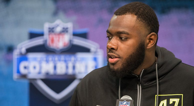 Feb 26, 2020; Indianapolis, Indiana, USA; Georgia offensive lineman Andrew Thomas (OL47) speaks to the media during the 2020 NFL Combine in the Indianapolis Convention Center. Mandatory Credit: Trevor Ruszkowski-USA TODAY Sports Feb 26, 2020; Indianapolis, Indiana, USA; Georgia offensive lineman Andrew Thomas (OL47) speaks to the media during the 2020 NFL Combine in the Indianapolis Convention Center. Mandatory Credit: Trevor Ruszkowski-USA TODAY Sports