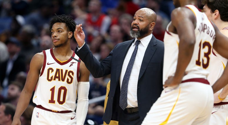 Feb 28, 2020; New Orleans, Louisiana, USA; Cleveland Cavaliers head coach J.B. Bickerstaff talks to guard Darius Garland (10) in the second quarter against the New Orleans Pelicans at the Smoothie King Center. Cleveland Cavaliers head coach J.B. Bickerstaff