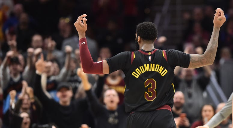 Cleveland Cavaliers center Andre Drummond (3) reacts after a basket during the second half against the San Antonio Spurs at Rocket Mortgage FieldHouse.