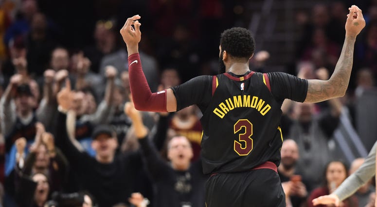 Mar 8, 2020; Cleveland, Ohio, USA; Cleveland Cavaliers center Andre Drummond (3) reacts after a basket during the second half against the San Antonio Spurs at Rocket Mortgage FieldHouse. Mandatory Credit: Ken Blaze-USA TODAY Sports