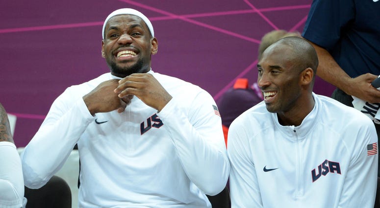 Aug 2, 2012; London, United Kingdom; United States players LeBron James (left) and Kobe Bryant react during the preliminary game against Nigeria in the London 2012 Olympic Games at Basketball Arena. The United States defeated Nigeria 156-73. Mandatory Cre Aug 2, 2012; London, United Kingdom; United States players LeBron James (left) and Kobe Bryant react during the preliminary game against Nigeria in the London 2012 Olympic Games at Basketball Arena. The United States defeated Nigeria 156-73. Mandatory Cre