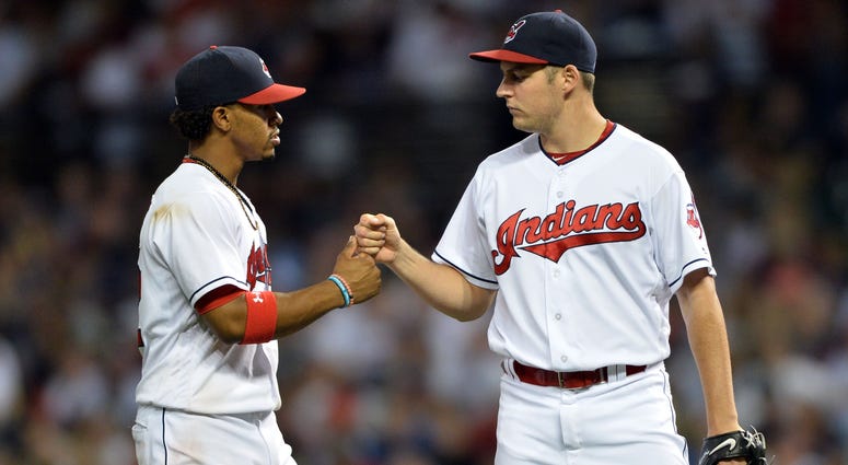 Sep 3, 2016; Cleveland, OH, USA; Cleveland Indians shortstop Francisco Lindor (12) and Cleveland Indians starting pitcher Trevor Bauer (47) celebrate during the ninth inning against the Miami Marlins at Progressive Field. Mandatory Credit: Ken Blaze-USA T Sep 3, 2016; Cleveland, OH, USA; Cleveland Indians shortstop Francisco Lindor (12) and Cleveland Indians starting pitcher Trevor Bauer (47) celebrate during the ninth inning against the Miami Marlins at Progressive Field. Mandatory Credit: Ken Blaze-USA T