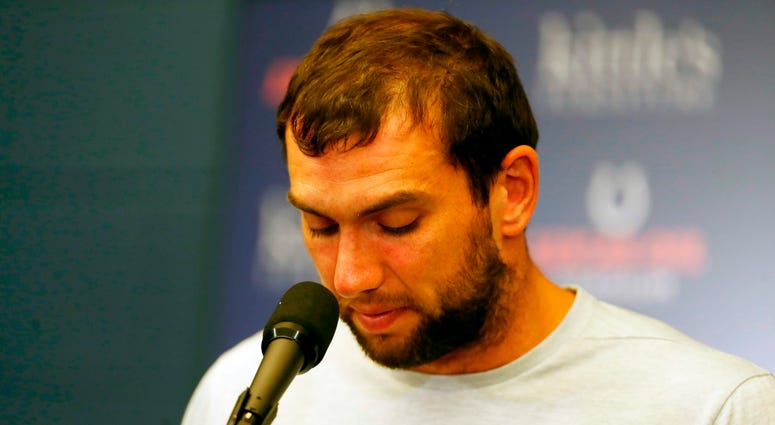 Aug 24, 2019; Indianapolis, IN, USA; Indianapolis Colts quarterback Andrew Luck announces his retirement in a press conference after the game against the Chicago Bears at Lucas Oil Stadium. Aug 24, 2019; Indianapolis, IN, USA; Indianapolis Colts quarterback Andrew Luck announces his retirement in a press conference after the game against the Chicago Bears at Lucas Oil Stadium.