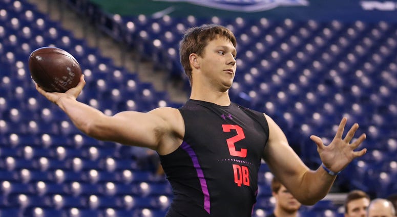 Mar 3, 2018; Indianapolis, IN, USA; Wyoming Cowboys quarterback Josh Allen throws a pass during the 2018 NFL Combine at Lucas Oil Stadium. Mandatory Credit: Brian Spurlock-USA TODAY Sports