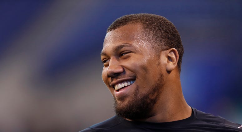 Mar 4, 2018; Indianapolis, IN, USA; North Carolina State Wolfpack defensive lineman Bradley Chubb participates in work out drills during the 2018 NFL Combine at Lucas Oil Stadium. Mandatory Credit: Brian Spurlock-USA TODAY Sports