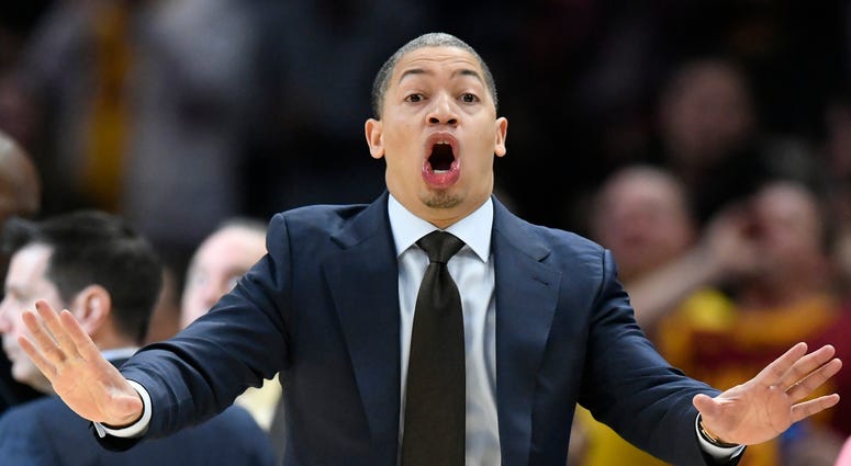 Mar 5, 2018; Cleveland, OH, USA; Cleveland Cavaliers head coach Tyronn Lue reacts in the third quarter against the Detroit Pistons at Quicken Loans Arena. Mandatory Credit: David Richard-USA TODAY Sports