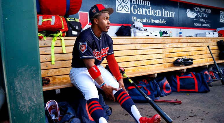 Mar 8, 2018; Goodyear, AZ, USA; Cleveland Indians shortstop Francisco Lindor against the Los Angeles Dodgers during a Spring Training game at Goodyear Ballpark. Mandatory Credit: Mark J. Rebilas-USA TODAY Sports