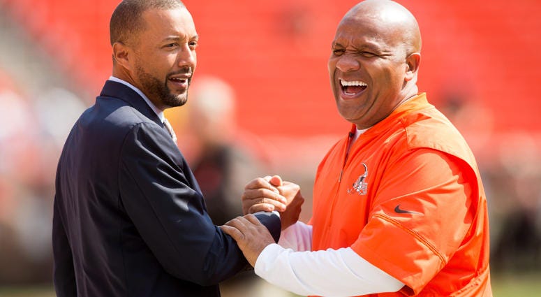 Sep 10, 2017; Cleveland, OH, USA; Cleveland Browns executive vice president of football operations Sashi Brown, left, shakes hands with head coach Hue Jackson before the game at FirstEnergy Stadium. Mandatory Credit: Scott R. Galvin-USA TODAY Sports Sep 10, 2017; Cleveland, OH, USA; Cleveland Browns executive vice president of football operations Sashi Brown, left, shakes hands with head coach Hue Jackson before the game at FirstEnergy Stadium. Mandatory Credit: Scott R. Galvin-USA TODAY Sports