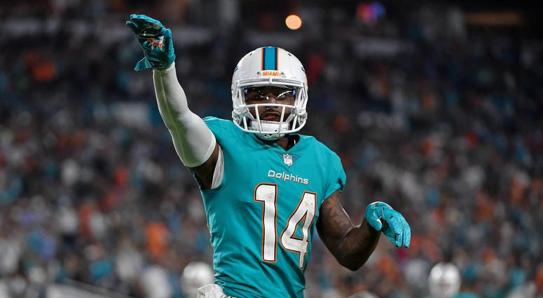 Miami Dolphins wide receiver Jarvis Landry (14) celebrates after his touchdown against the Oakland Raiders during the second half at Hard Rock Stadium. Mandatory Credit: Jasen Vinlove-USA TODAY Sports Miami Dolphins wide receiver Jarvis Landry (14) celebrates after his touchdown against the Oakland Raiders during the second half at Hard Rock Stadium. Mandatory Credit: Jasen Vinlove-USA TODAY Sports