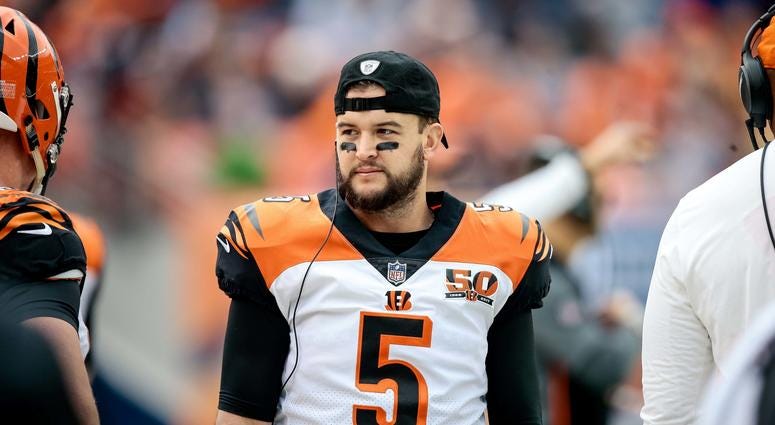 Nov 19, 2017; Denver, CO, USA; Cincinnati Bengals quarterback AJ McCarron (5) in the first quarter against the Denver Broncos at Sports Authority Field at Mile High. Mandatory Credit: Isaiah J. Downing-USA TODAY Sports