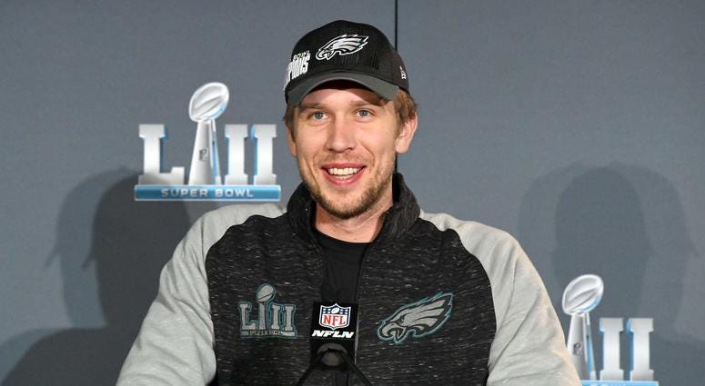 Feb 5, 2018; Bloomington, MN, USA; Philadelphia Eagles quarterback Nick Foles speaks at Super Bowl LII most valuable player press conference at Mall of America. Mandatory Credit: Kirby Lee-USA TODAY Sports