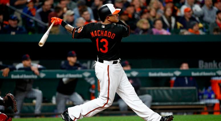 Baltimore Orioles' Manny Machado watches his solo home run in the fourth inning of a baseball game against the Cleveland Indians, Friday, April 20, 2018, in Baltimore. Baltimore Orioles' Manny Machado watches his solo home run in the fourth inning of a baseball game against the Cleveland Indians, Friday, April 20, 2018, in Baltimore.