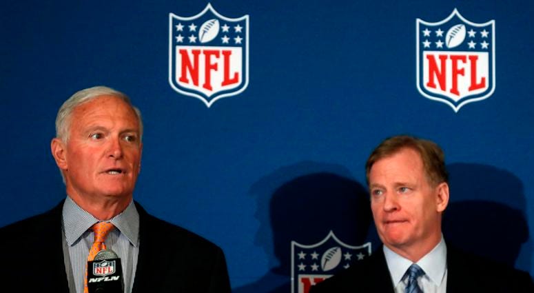 Cleveland Browns owner Jimmy Haslam speaks as NFL commissioner Roger Goodell looks on at right after they announced NFL team owners have reached agreement on a new league policy that requires players to stand for the national anthem or remain in the locke Cleveland Browns owner Jimmy Haslam speaks as NFL commissioner Roger Goodell looks on at right after they announced NFL team owners have reached agreement on a new league policy that requires players to stand for the national anthem or remain in the locke
