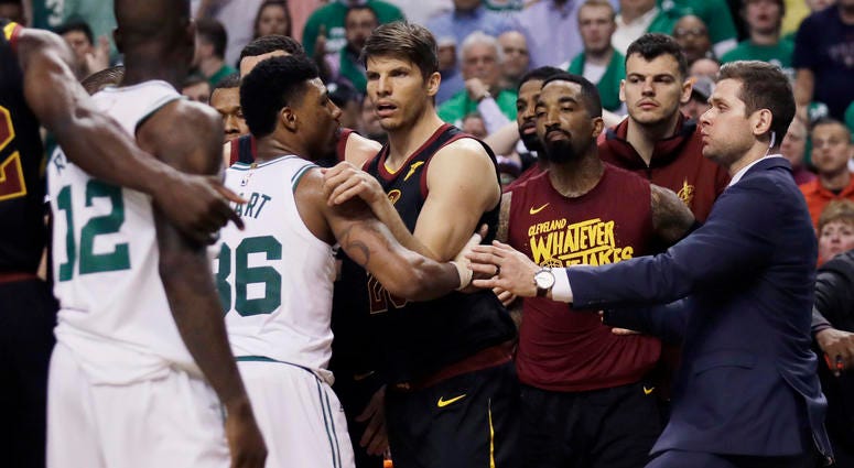 Cleveland Cavaliers and Boston Celtics players hold each other back after shoves between Celtics forward Marcus Morris andCavaliers forward Larry Nance Jr. during the second quarter of Game 5 of the NBA basketball Eastern Conference finals Cleveland Cavaliers and Boston Celtics players hold each other back after shoves between Celtics forward Marcus Morris andCavaliers forward Larry Nance Jr. during the second quarter of Game 5 of the NBA basketball Eastern Conference finals
