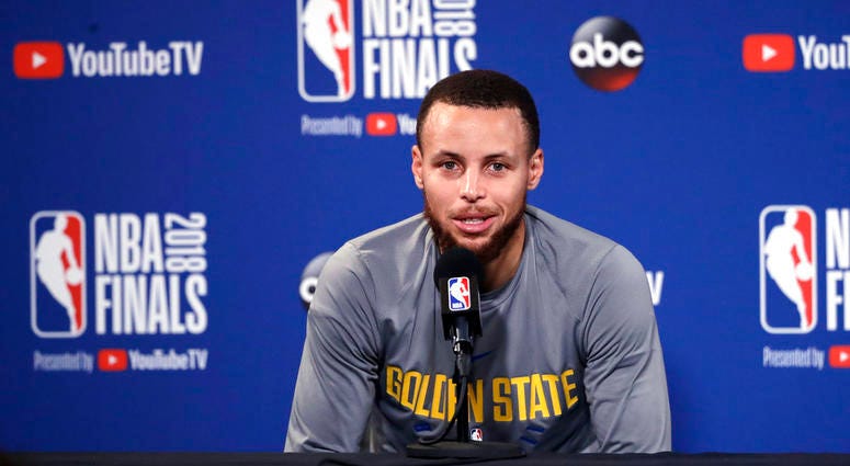 Golden State Warriors' Stephen Curry answers questions after an NBA basketball practice, Wednesday, May 30, 2018, in Oakland, Calif. The Warriors face the Cleveland Cavaliers in Game 1 of the NBA Finals on Thursday in Oakland. Golden State Warriors' Stephen Curry answers questions after an NBA basketball practice, Wednesday, May 30, 2018, in Oakland, Calif. The Warriors face the Cleveland Cavaliers in Game 1 of the NBA Finals on Thursday in Oakland.