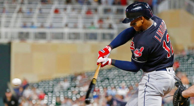 Cleveland Indians' Francisco Lindor hits a solo home run off Minnesota Twins pitcher Addison Reed during the eighth inning of a baseball game Thursday, May 31, 2018, in Minneapolis. Lindor went 4-for-5, including a three-run home run in the fourth inning. Cleveland Indians' Francisco Lindor hits a solo home run off Minnesota Twins pitcher Addison Reed during the eighth inning of a baseball game Thursday, May 31, 2018, in Minneapolis. Lindor went 4-for-5, including a three-run home run in the fourth inning.