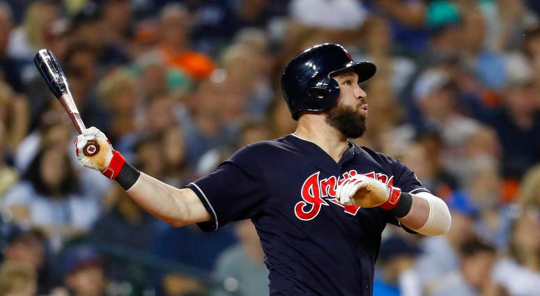 Cleveland Indians' Jason Kipnis hits a three-run home run off Detroit Tigers relief pitcher Shane Greene in the ninth inning of a baseball game in Detroit, Friday, June 8, 2018. Cleveland Indians' Jason Kipnis hits a three-run home run off Detroit Tigers relief pitcher Shane Greene in the ninth inning of a baseball game in Detroit, Friday, June 8, 2018. (AP Photo/Paul Sancya)