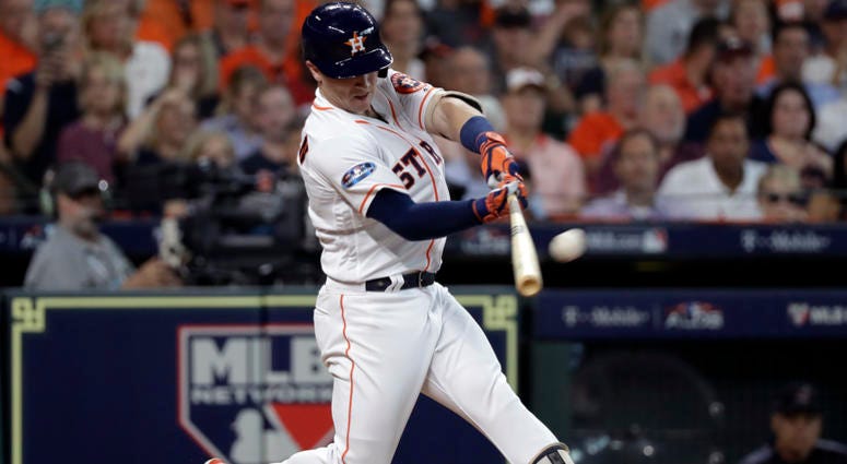 Houston Astros' Alex Bregman hits a solo home run against the Cleveland Indians' Corey Kluber during the fourth inning in Game 1 of an American League Division Series baseball game, Friday, Oct. 5, 2018, in Houston. Houston Astros' Alex Bregman hits a solo home run against the Cleveland Indians' Corey Kluber during the fourth inning in Game 1 of an American League Division Series baseball game, Friday, Oct. 5, 2018, in Houston.