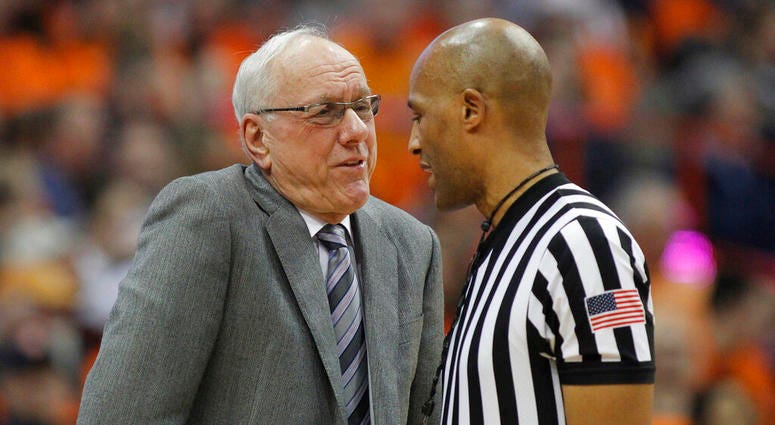 Syracuse head coach Jim Boeheim, left, talks to an official about a call during the second half of an NCAA college basketball game against Louisville in Syracuse, N.Y., Wednesday, Feb. 20, 2019. Syracuse won 69-49. (AP Photo/Nick Lisi) Syracuse head coach Jim Boeheim, left, talks to an official about a call during the second half of an NCAA college basketball game against Louisville in Syracuse, N.Y., Wednesday, Feb. 20, 2019. Syracuse won 69-49. (AP Photo/Nick Lisi)