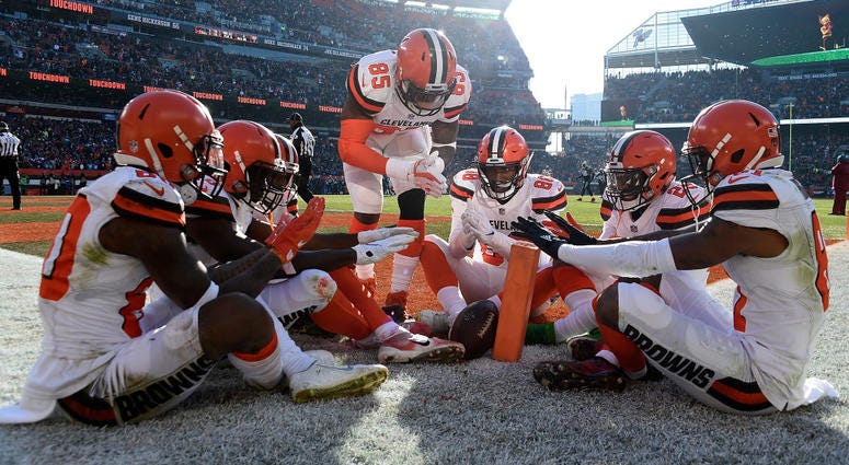 CLEVELAND, OH - DECEMBER 09: Jarvis Landry #80 of the Cleveland Browns celebrates his touchdown with teammates during the second quarter against the Carolina Panthers during the second quarter at FirstEnergy Stadium on December 9, 2018 in Cleveland, Ohio. CLEVELAND, OH - DECEMBER 09: Jarvis Landry #80 of the Cleveland Browns celebrates his touchdown with teammates during the second quarter against the Carolina Panthers during the second quarter at FirstEnergy Stadium on December 9, 2018 in Cleveland, Ohio.