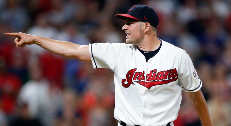 CLEVELAND, OH - JULY 18: Starting pitcher Trevor Bauer #47 of the Cleveland Indians points to home plate after a pitch against the Detroit Tigers during the seventh inning at Progressive Field on July 18, 2019 in Cleveland, Ohio. Cleveland Indians pitcher Trevor Bauer