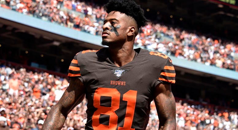 Wide receiver Rashard Higgins #81 of the Cleveland Browns reacts to the crowd as he enters the field before playing in the game against the Tennessee Titans at FirstEnergy Stadium on September 08, 2019
