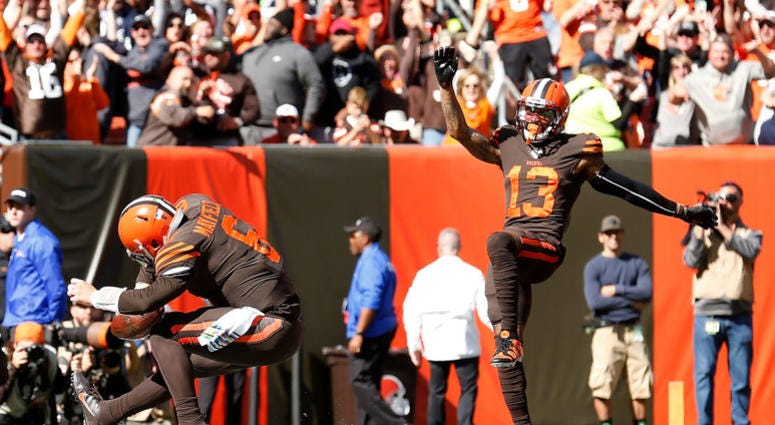 CLEVELAND, OH - OCTOBER 13: Baker Mayfield #6 of the Cleveland Browns and Odell Beckham Jr. #13 celebrate after Mayfield scores touchdown during the first quarter of the game against the Seattle Seahawks at FirstEnergy Stadium on October 13, 2019 in Cleve CLEVELAND, OH - OCTOBER 13: Baker Mayfield #6 of the Cleveland Browns and Odell Beckham Jr. #13 celebrate after Mayfield scores touchdown during the first quarter of the game against the Seattle Seahawks at FirstEnergy Stadium on October 13, 2019 in Cleve