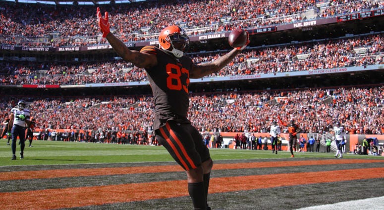 CLEVELAND, OHIO - OCTOBER 13: Ricky Seals-Jones #83 of the Cleveland Browns celebrates his second quarter touchdown against the Seattle Seahawks at FirstEnergy Stadium on October 13, 2019 in Cleveland, Ohio. (Photo by Gregory Shamus/Getty Images) CLEVELAND, OHIO - OCTOBER 13: Ricky Seals-Jones #83 of the Cleveland Browns celebrates his second quarter touchdown against the Seattle Seahawks at FirstEnergy Stadium on October 13, 2019 in Cleveland, Ohio. (Photo by Gregory Shamus/Getty Images)
