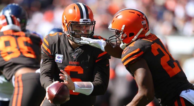 CLEVELAND, OHIO - OCTOBER 13: Baker Mayfield #6 of the Cleveland Browns hands off to Nick Chubb #24 for a second quarter run while playing the Seattle Seahawks at FirstEnergy Stadium on October 13, 2019 in Cleveland, Ohio. (Photo by Gregory Shamus/Getty I CLEVELAND, OHIO - OCTOBER 13: Baker Mayfield #6 of the Cleveland Browns hands off to Nick Chubb #24 for a second quarter run while playing the Seattle Seahawks at FirstEnergy Stadium on October 13, 2019 in Cleveland, Ohio. (Photo by Gregory Shamus/Getty I