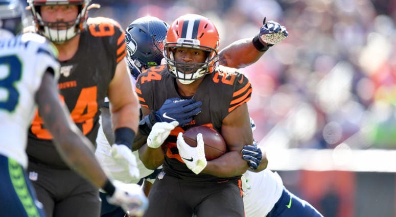 CLEVELAND, OHIO - OCTOBER 13: Nick Chubb #24 of the Cleveland Browns runs for a gain during the second quarter against the Seattle Seahawks at FirstEnergy Stadium on October 13, 2019 in Cleveland, Ohio. (Photo by Jason Miller/Getty Images) CLEVELAND, OHIO - OCTOBER 13: Nick Chubb #24 of the Cleveland Browns runs for a gain during the second quarter against the Seattle Seahawks at FirstEnergy Stadium on October 13, 2019 in Cleveland, Ohio. (Photo by Jason Miller/Getty Images)