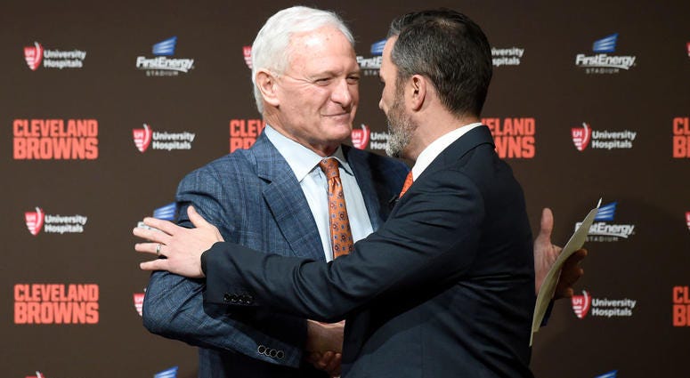 CLEVELAND, OHIO - JANUARY 14: Team owner Jimmy Haslam shakes hands with Kevin Stefanski after introducing Stefanski as the Cleveland Browns new head coach on January 14, 2020 in Cleveland, Ohio. (Photo by Jason Miller/Getty Images)