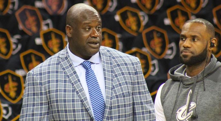 Shaquille O'Neal and LeBron James talk prior to a game at Quicken Loans Arena. Shaquille O'Neal and LeBron James talk prior to a game at Quicken Loans Arena.