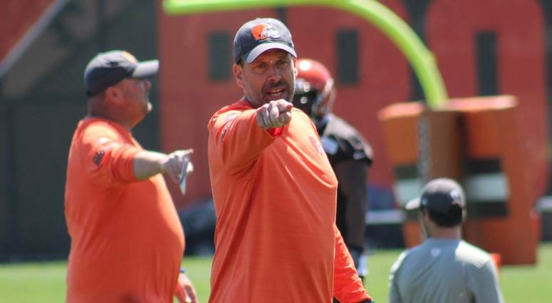Browns offensive coordinator Todd Haley yells instructions during practice Browns offensive coordinator Todd Haley yells instructions during practice