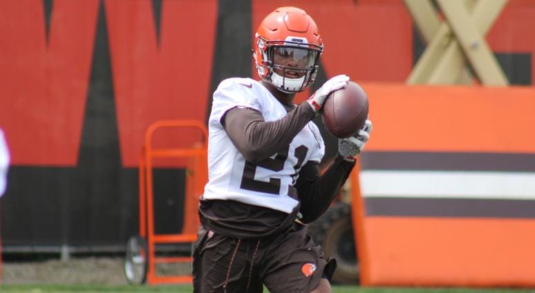 Browns rookie cornerback Denzel Ward catches a ball as part of an interception drill during June minicamp Browns rookie cornerback Denzel Ward catches a ball as part of an interception drill during June minicamp