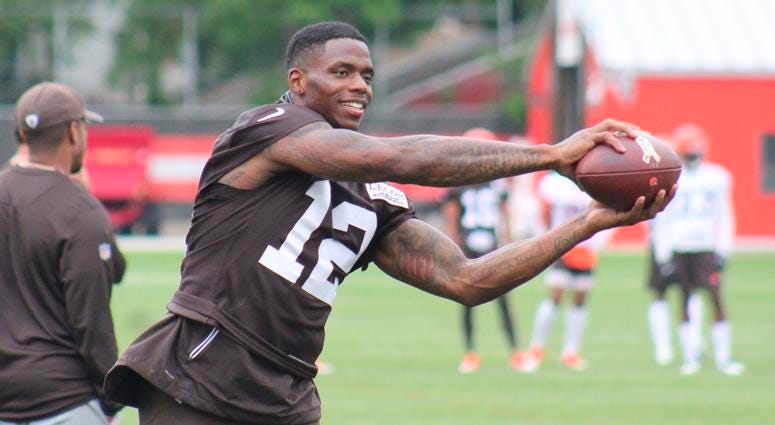 Browns receiver Josh Gordon catches a football during a May 2018 practice Browns receiver Josh Gordon catches a football during a May 2018 practice