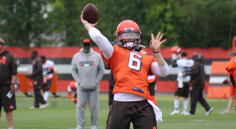 Browns rookie QB Baker Mayfield throws during the third week of OTAs on June 5, 2018. Browns rookie QB Baker Mayfield throws during the third week of OTAs on June 5, 2018.