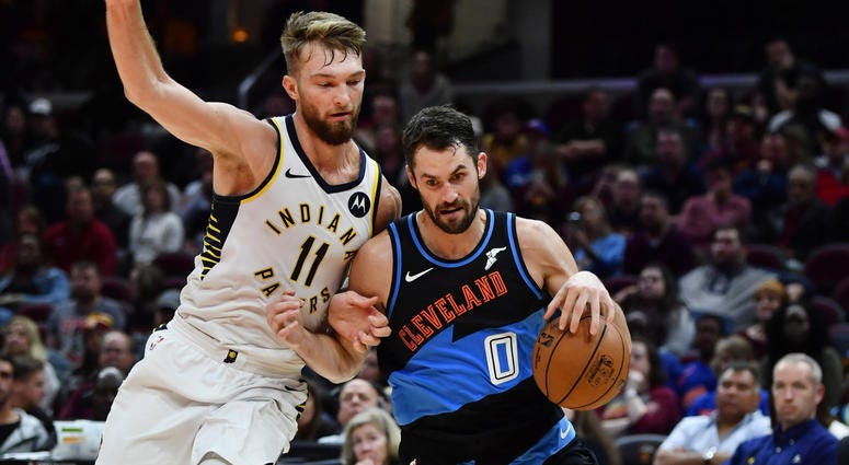 Oct 26, 2019; Cleveland, OH, USA; Cleveland Cavaliers forward Kevin Love (0) drives to the basket against Indiana Pacers forward Domantas Sabonis (11) during the second half at Rocket Mortgage FieldHouse. Mandatory Credit: Ken Blaze-USA TODAY Sports Oct 26, 2019; Cleveland, OH, USA; Cleveland Cavaliers forward Kevin Love (0) drives to the basket against Indiana Pacers forward Domantas Sabonis (11) during the second half at Rocket Mortgage FieldHouse. Mandatory Credit: Ken Blaze-USA TODAY Sports