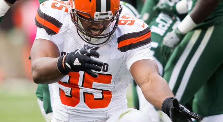 Cleveland Browns defensive end Myles Garrett (95) celebrates his sack on New York Jets quarterback Josh McCown during the second quarter at FirstEnergy Stadium. Cleveland Browns defensive end Myles Garrett (95) celebrates his sack on New York Jets quarterback Josh McCown during the second quarter at FirstEnergy Stadium.