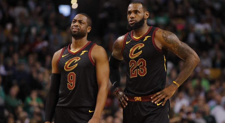 Jan 3, 2018; Boston, MA, USA; Cleveland Cavaliers guard Dwyane Wade (9) and forward LeBron James (23) talk on the court against the Boston Celtics in the first quarter at TD Garden. Mandatory Credit: David Butler II-USA TODAY Sports Jan 3, 2018; Boston, MA, USA; Cleveland Cavaliers guard Dwyane Wade (9) and forward LeBron James (23) talk on the court against the Boston Celtics in the first quarter at TD Garden. Mandatory Credit: David Butler II-USA TODAY Sports