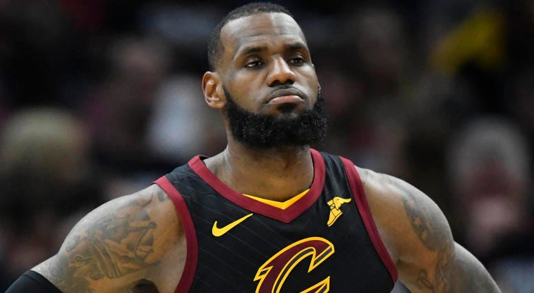 Cleveland Cavaliers forward LeBron James (23) reacts in the second quarter against the Indiana Pacers in game one of the first round of the 2018 NBA Playoffs at Quicken Loans Arena. Cleveland Cavaliers forward LeBron James (23) reacts in the second quarter against the Indiana Pacers in game one of the first round of the 2018 NBA Playoffs at Quicken Loans Arena.