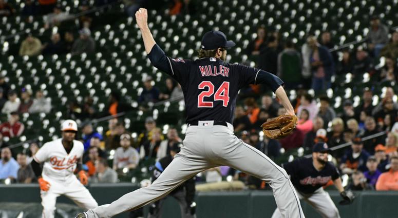 Apr 23, 2018; Baltimore, MD, USA; Cleveland Indians relief pitcher Andrew Miller (24) pitches during the eighth inning against the Baltimore Orioles at Oriole Park at Camden Yards. Cleveland Indians defeated Baltimore Orioles 2-1. Apr 23, 2018; Baltimore, MD, USA; Cleveland Indians relief pitcher Andrew Miller (24) pitches during the eighth inning against the Baltimore Orioles at Oriole Park at Camden Yards. Cleveland Indians defeated Baltimore Orioles 2-1.