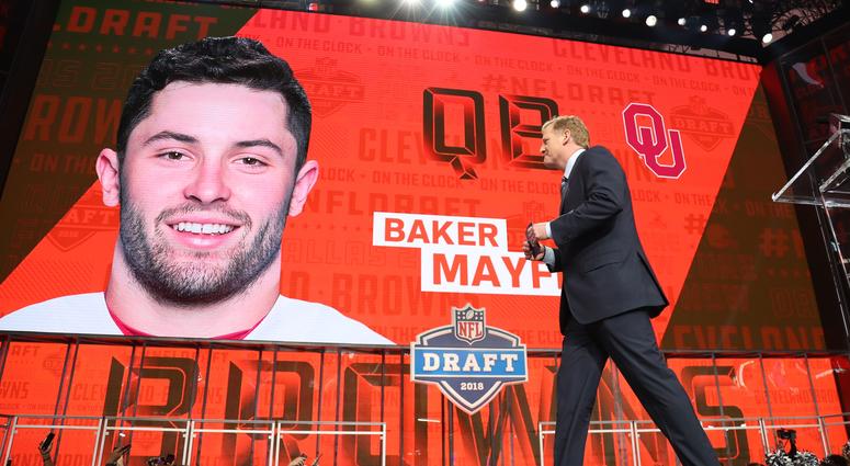 NFL commissioner commissioner Roger Goodell walks off stage as Baker Mayfield is selected as the number one overall pick to the Cleveland Browns in the first round of the 2018 NFL Draft at AT&T Stadium NFL commissioner commissioner Roger Goodell walks off stage as Baker Mayfield is selected as the number one overall pick to the Cleveland Browns in the first round of the 2018 NFL Draft at AT&T Stadium